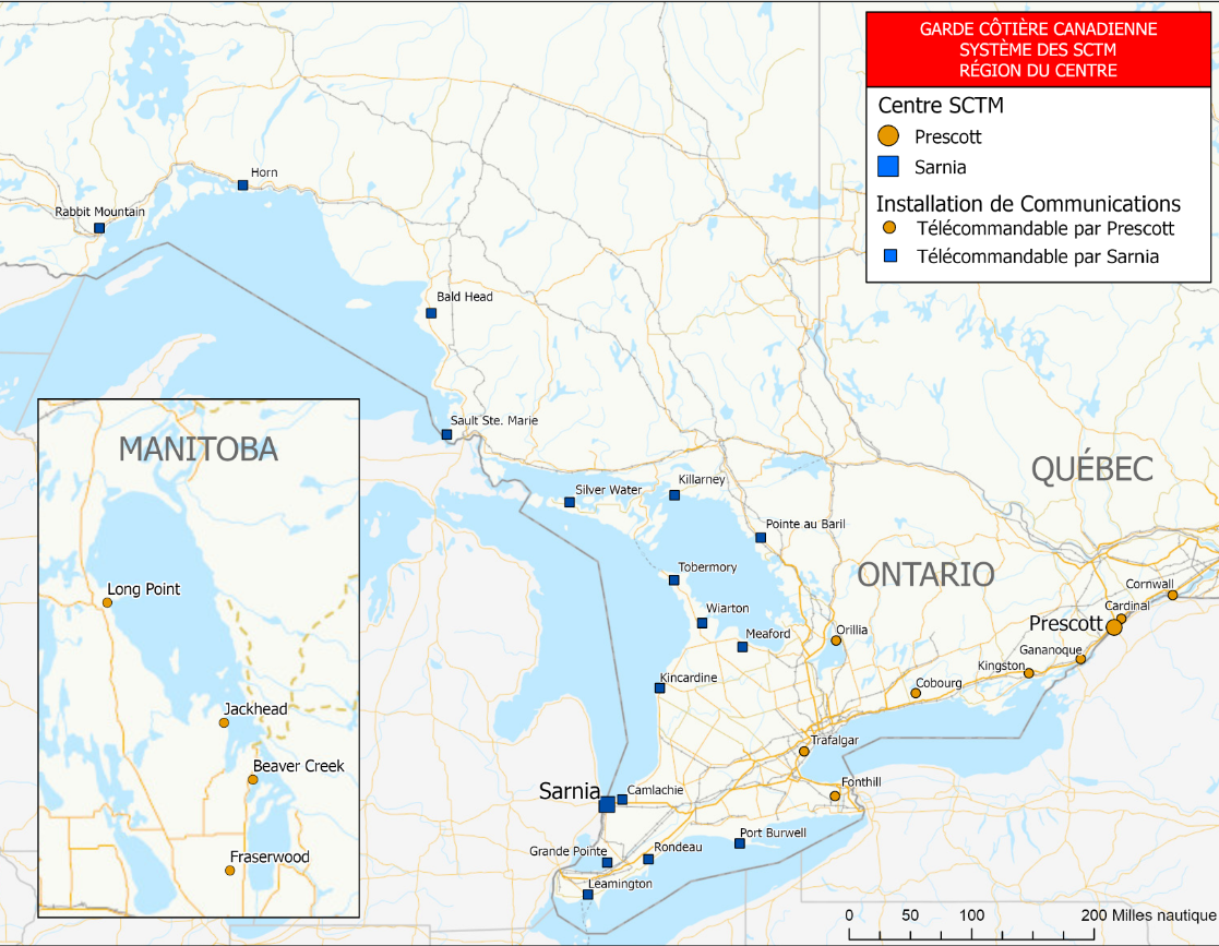 Carte de la région du Centre montrant l’Ontario et le Manitoba. 