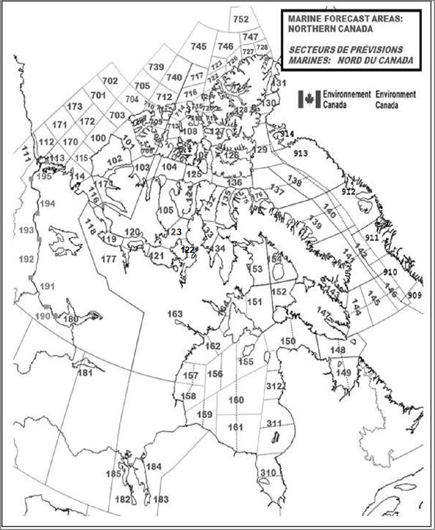 Figure 5-1 Secteurs de prévisions maritimes du Nord du Canada décrite ci-dessous