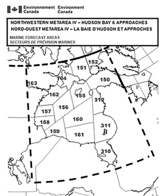 Figure 5-3 Carte d'Environnement Canada des secteurs de prévisions marines du METAREA IV nord-ouest incluant la baie d'Hudson et ses approches, décrite ci-dessous