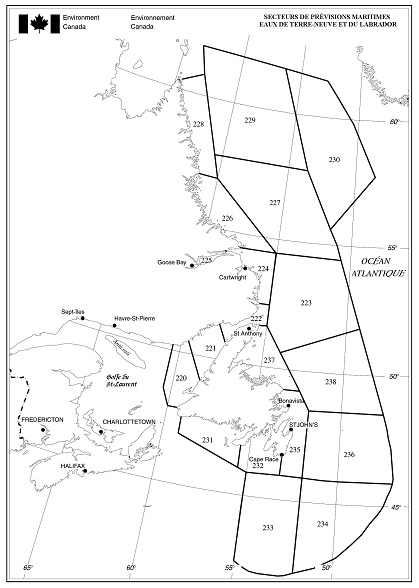 Figure 5-4 Secteurs de prévisions maritimes - Eaux de Terre-Neuve-et-Labrador, décrite ci-dessous