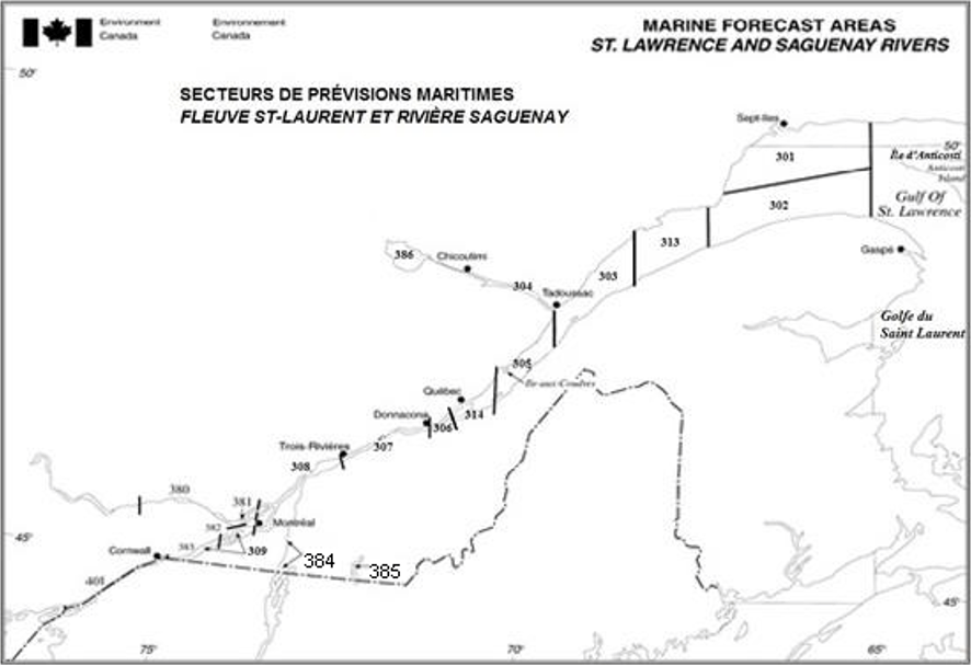 Figure 5-6 Secteurs de prévisions maritimes du Fleuve Saint-Laurent et la rivière Saguenay décrite ci-dessous