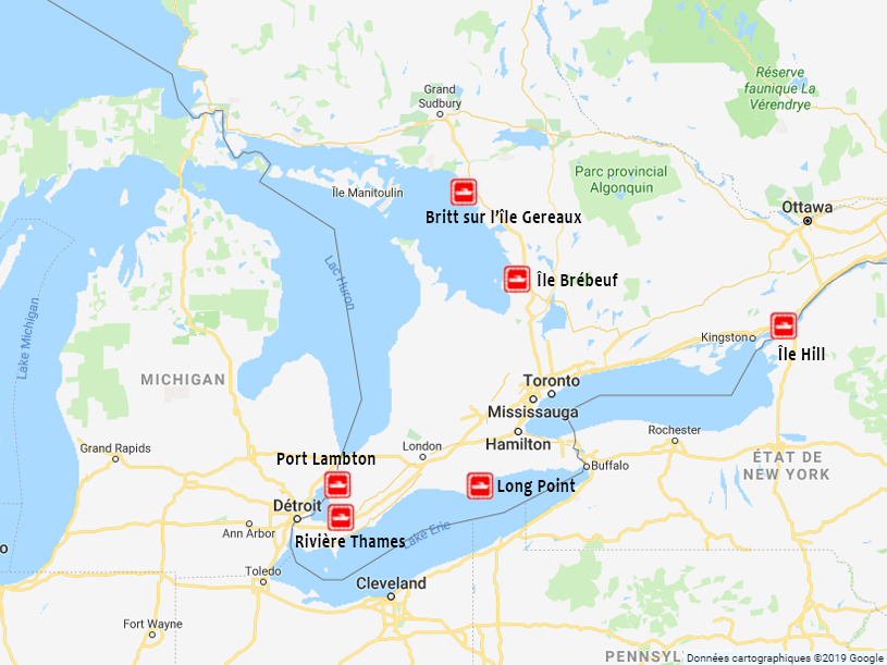 Carte montrant les stations dans le secteur des Grands Lacs.